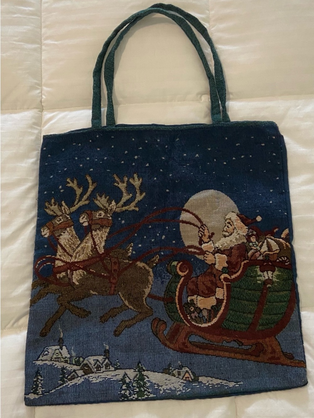 Vintage Christmas Tapestry Tote Bag Santa Sleigh Reindeer Holiday Shopping Bag